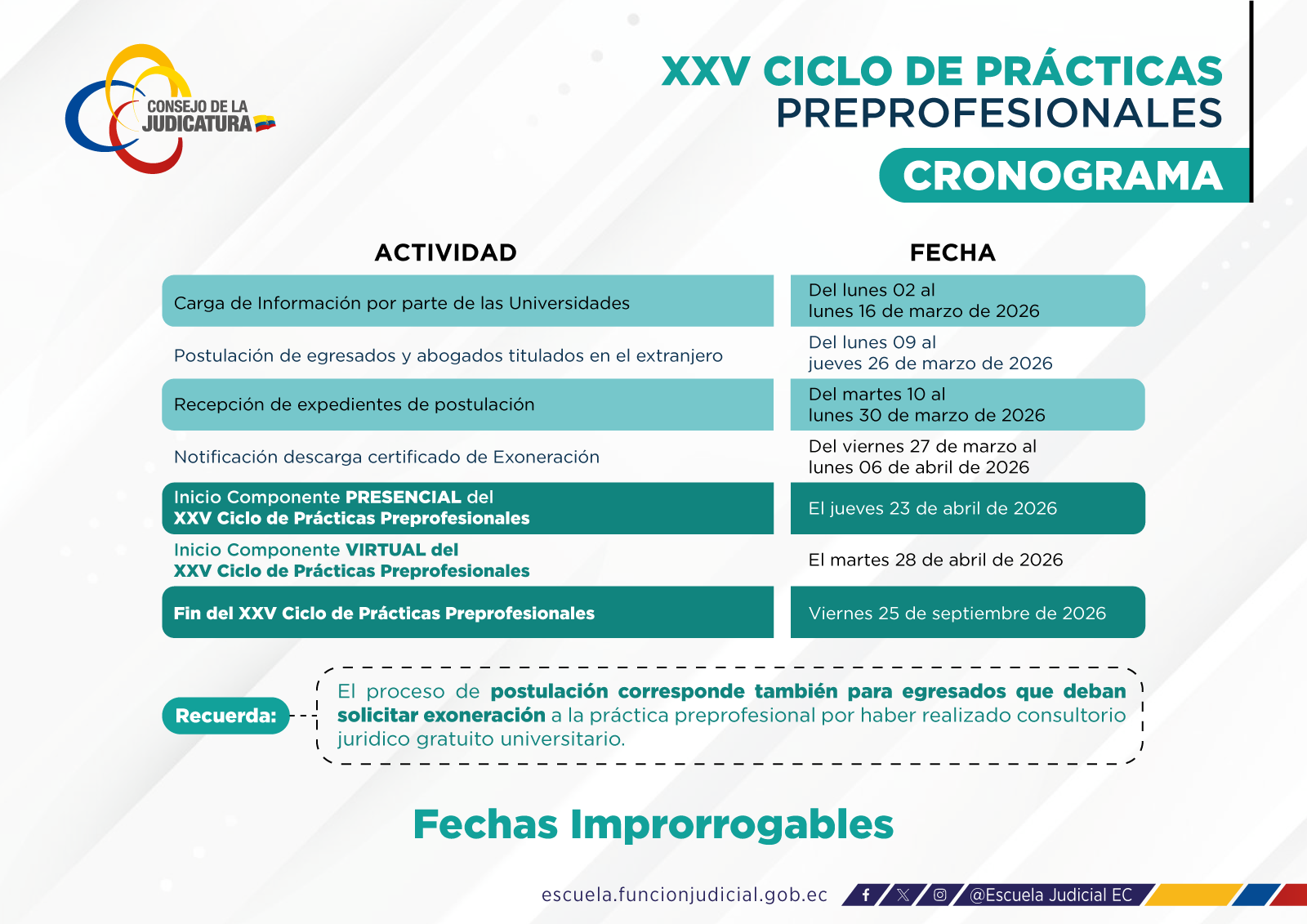CRONOGRAMA DEL XXV CICLO DE PRÁCTICAS PREPROFESIONALES – Escuela de la ...